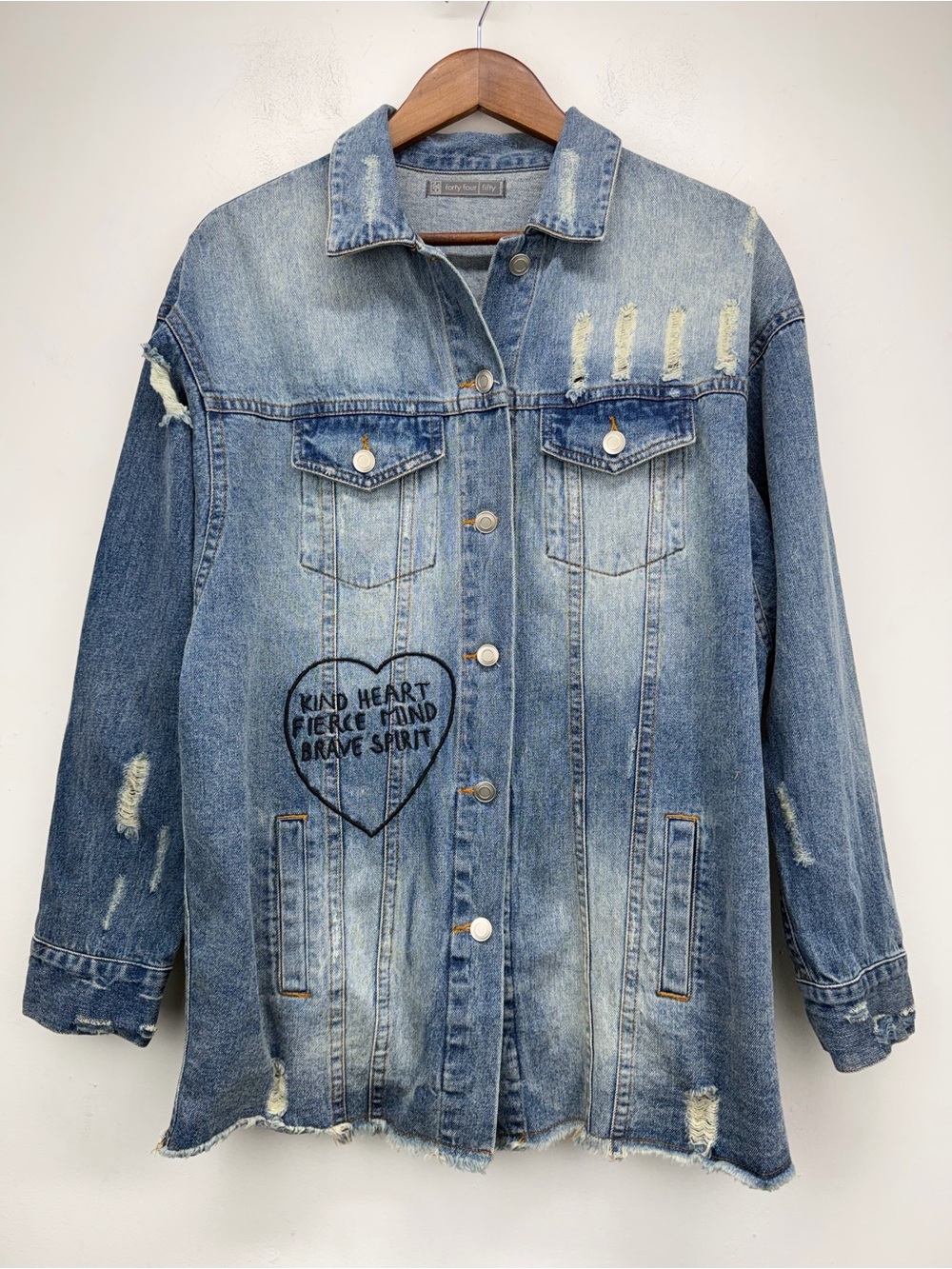 Forty Four Fifty size Large Women’s Blue Distressed Denim Button Up Jacket